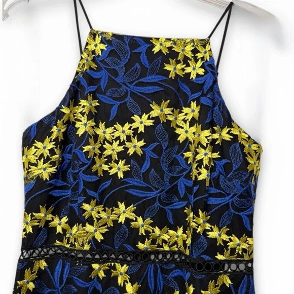 Sam Edelman Luxe Embroidered Halter Midi Dress Blue Yellow Floral Size 8 NWT
